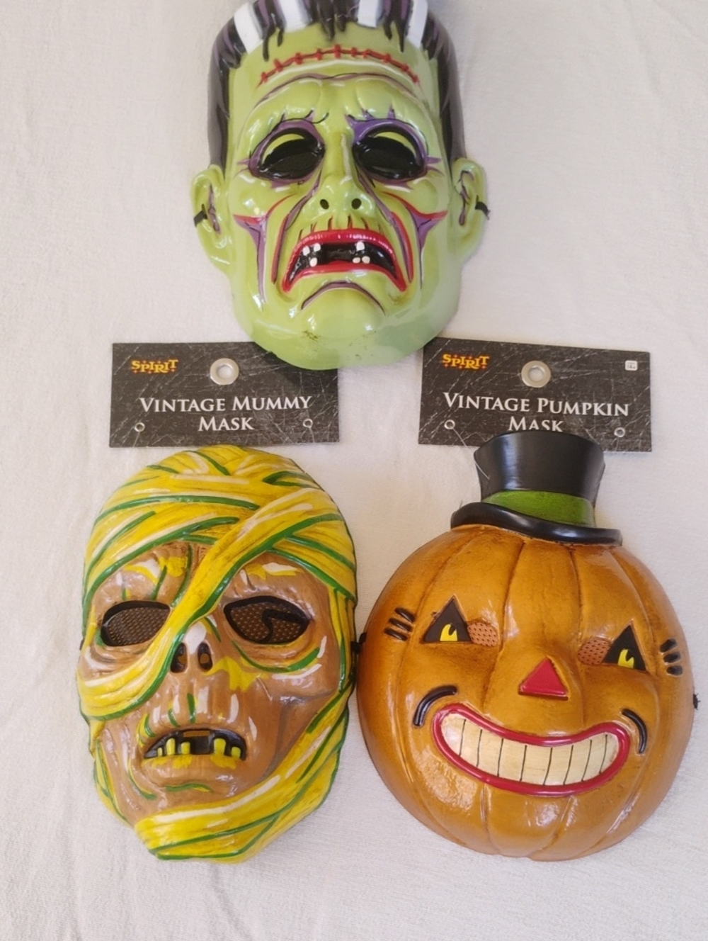 3 Vintage Spirit Halloween Masks BNWT Frankenstein,Mummy And Pumpkin Top Hat